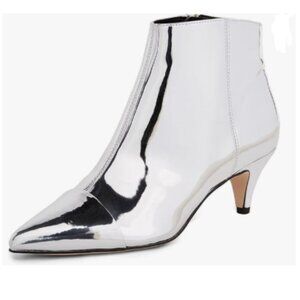 XYD Silver-glossy Kitten Heel Ankle Boots Pointed Closed Toe Side Zipper Bootie